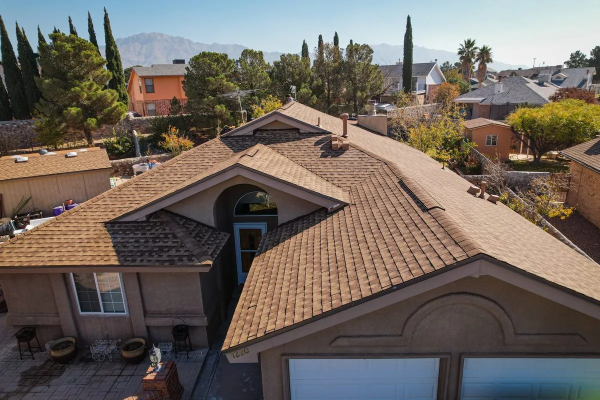 Completed Meraki Roofing project — Shakewood shingle replacement in East El Paso with mountain views