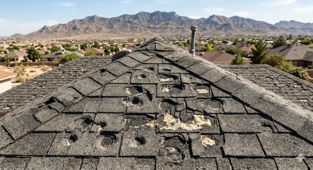 Hail damage on El Paso roof — dented and dimpled shingles with granule loss