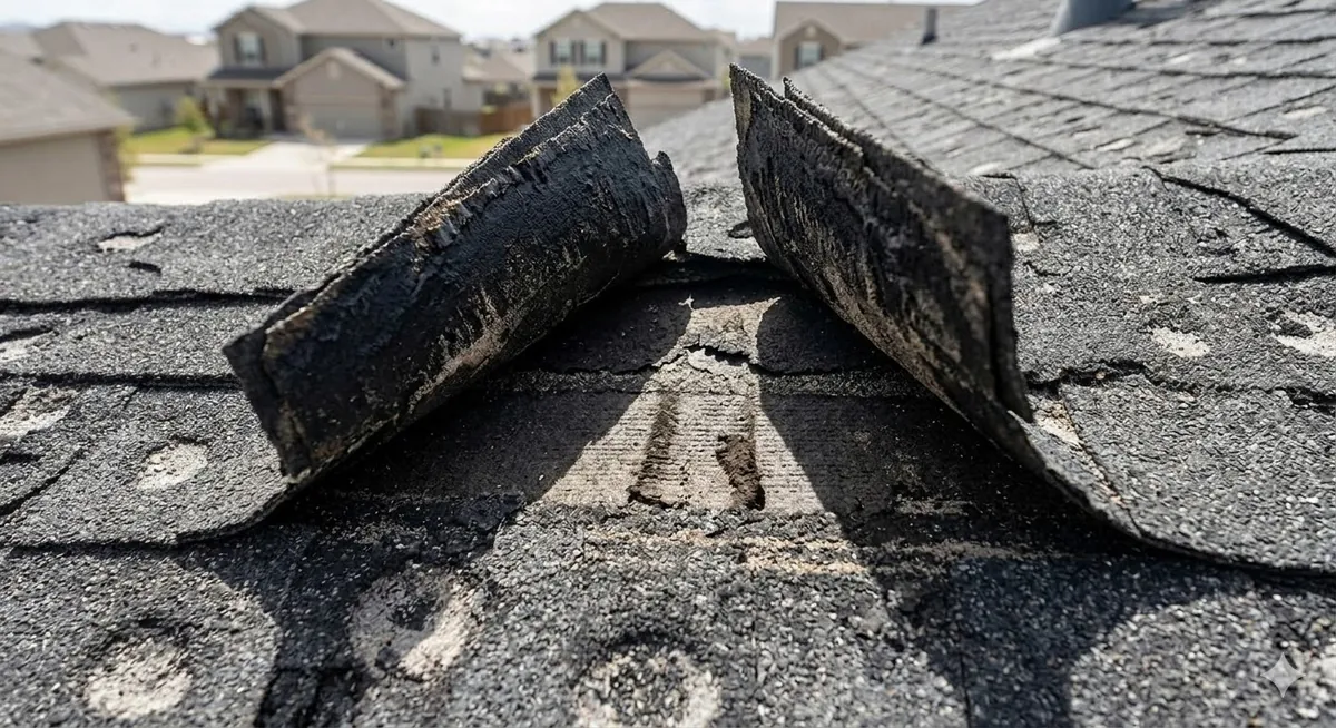 Wind damage lifting roof shingles exposing decking — El Paso storm repair